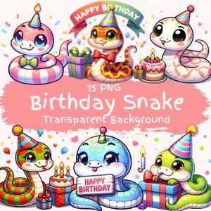 誕生日の蛇クリップアートバンドル 15 PNG デジタルダウンロードファイル かわいい漫画の蛇爬虫類の誕生日の印刷可能なカードアート 蛇好きのギフトグラフィック