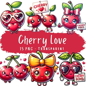 Kirsche Liebe, Clipart-Bundle 15 PNG, niedliche Kirsche Charakter Obst Paar Valentinstag Kirsche digitale Kunst Scrapbooking Sublimation Werbung