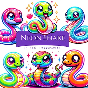 Neon Snake Clipart Bundle 15 PNG Cute Snake Clip Art Neon Sparkle Png Files Adorable Reptile Art Printable Stickers Sublimation Design
