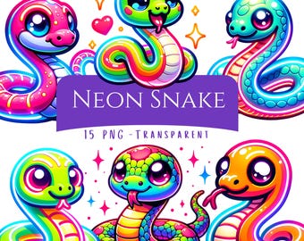 Neon Snake Clipart Bundle 15 PNG Cute Snake Clip Art Neon Sparkle Png Files Adorable Reptile Art Printable Stickers Sublimation Design