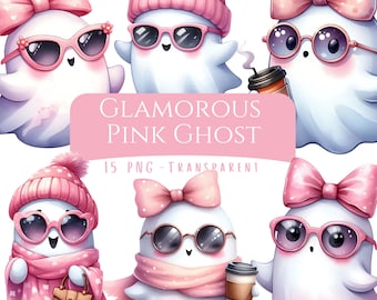 Glamorous Pink Ghost Clipart Bundle 15 PNG High Quality Watercolor Cute Ghost Digital Download Pink Coquette Halloween Printable Stickers