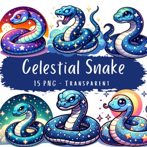 Pacote de clipart de cobra celestial 15 PNG de alta qualidade Galaxy Snake Digital Download Cute Moon Snakes Adesivos para impressão Snake Lover Scrapbook