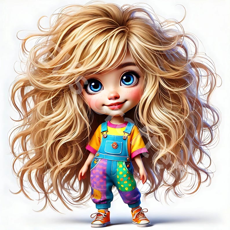 May include: A cartoon doll with large blue eyes and long, flowing blonde hair. The doll wears a yellow and pink shirt under blue overalls with colorful patches and orange sneakers. The doll is smiling.