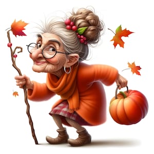 Op de afbeelding: Een cartoon illustratie van een oudere vrouw met grijs haar in een knot, een bril, een oranje sjaal en een geruite rok. Ze draagt een pompoen en een wandelstok, met herfstbladeren verspreid.