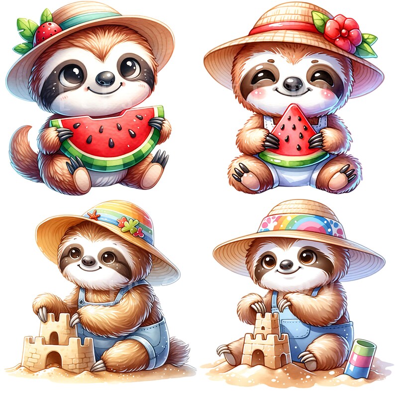 Summer Spring Sloth Beach Day Sloth Clipart Bundle 15 PNG High Quality Watercolor Summer ...