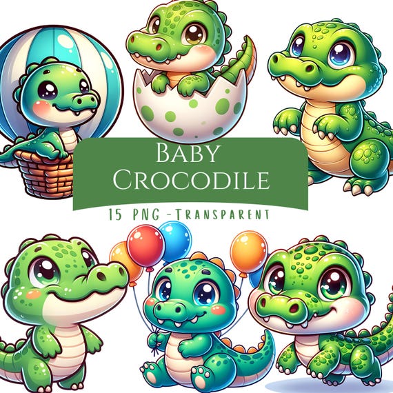 赤ちゃんワニのクリップアートバンドル15 PNGデジタルダウンロード印刷