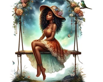 15 Enchanted African Summer Girl, Clipart Bundle, Watercolor Chibi Black Woman, Digital Download, Tropical Afro Girl, Printable Pages