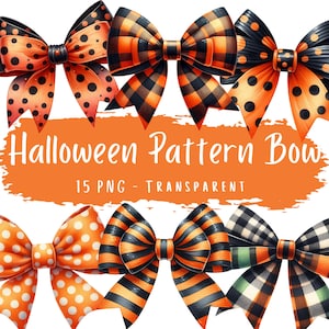 Halloween Pattern Bow Clipart Bundle 15 PNG Black and Orange Print Ribbon Digital Download Halloween Coquette Printable Art Sublimation