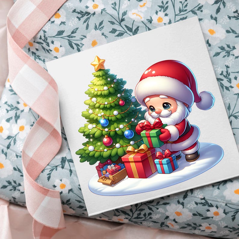 May include: A Christmas-themed illustration features Santa Claus holding a wrapped gift next to a decorated Christmas tree. The image is set on a white card, surrounded by wrapped gifts and a floral patterned background. The color palette includes red, green, blue, and gold.