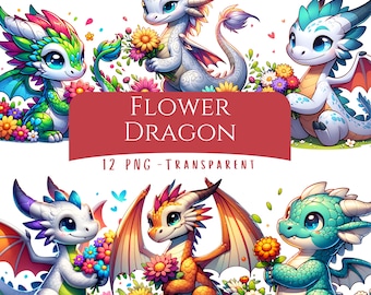 Flower Dragon Clipart Bundle 12 PNG Cartoon Fantasy Clipart Scarpbook Digital Download Mythical Creature