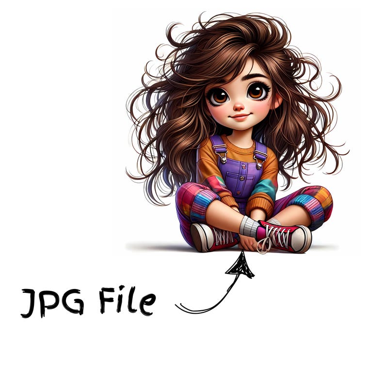 May include: A digital illustration of a cartoon girl with brown hair and big eyes. She wears a purple overall, an orange shirt, and colorful plaid pants. The image includes the text "JPG File" with an arrow pointing to the girl.