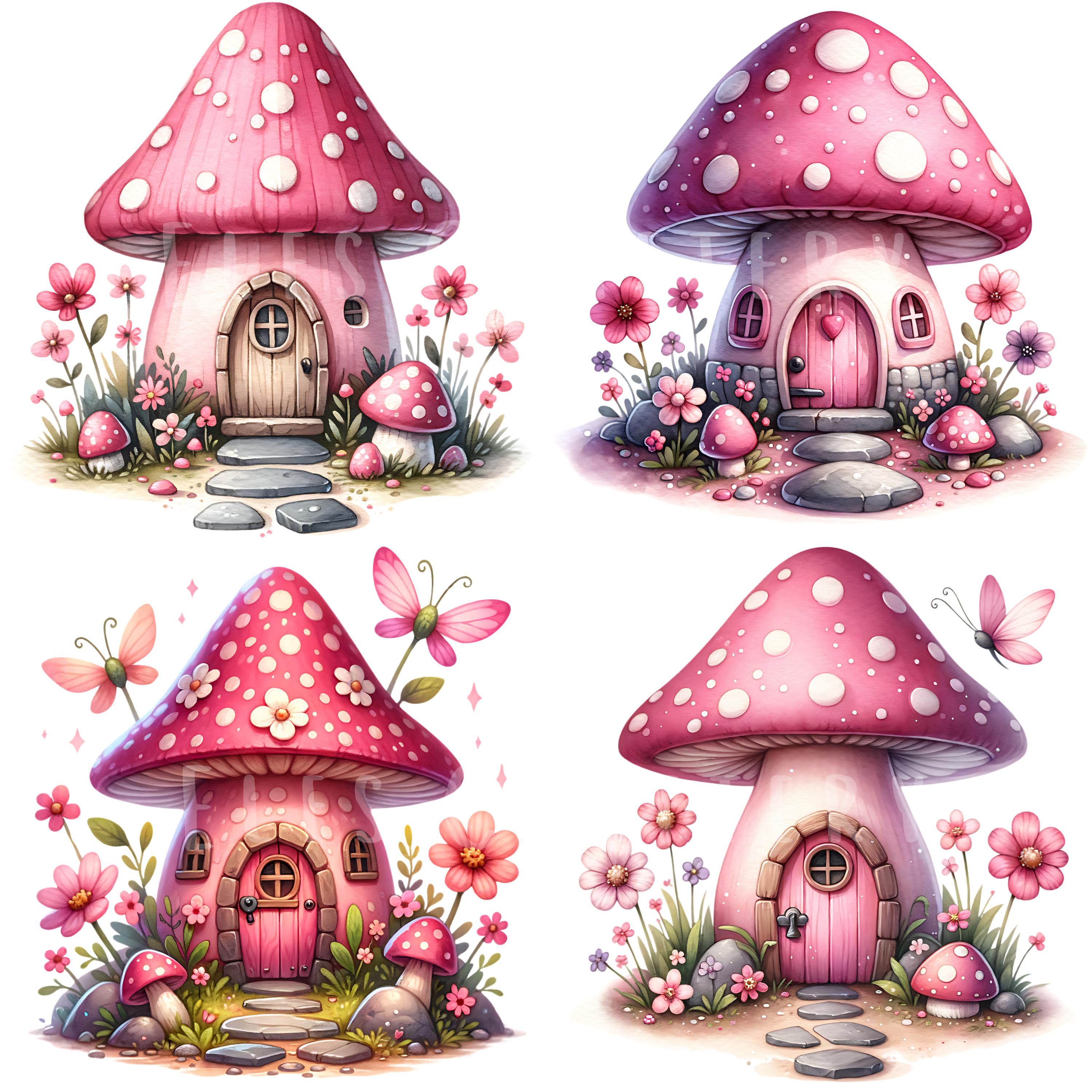 Pink Mushroom House Clipart Bundle 15 PNG High Quality Watercolor ...