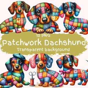 Patchwork Dackel Clipart Bundle 15 PNG hochwertige süße gesteppte Weiner Hund digitaler Download druckbare Kunstdateien Farbe Patch Dackel Hund