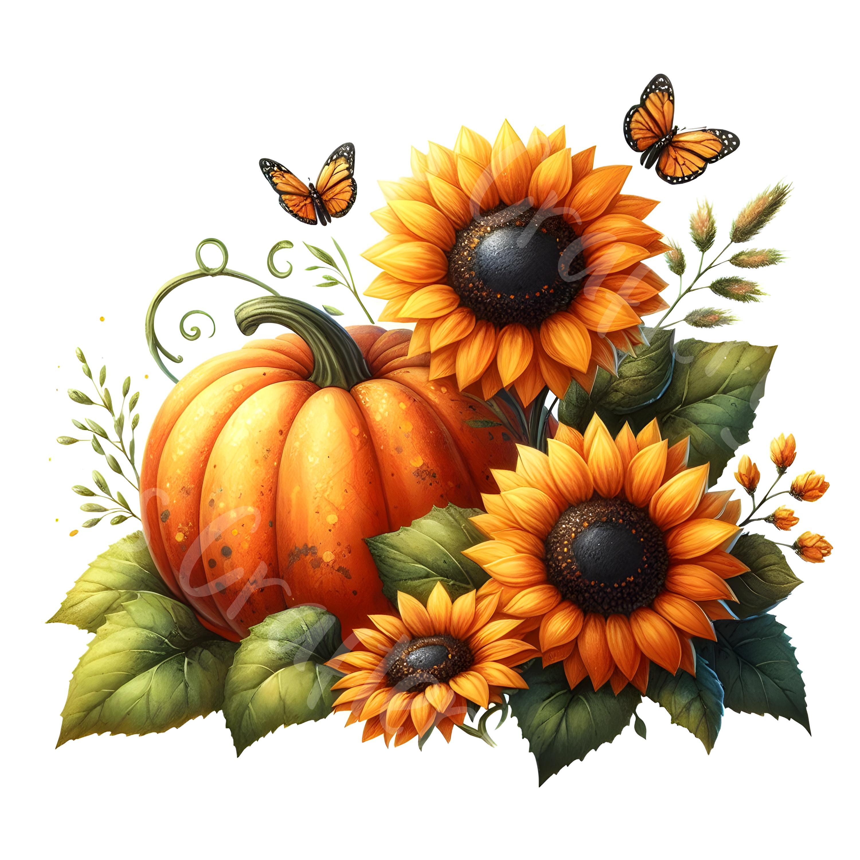 15 JPG Pumpkin and Sunflower Clipart Watercolor Fall Season Pumpkin ...