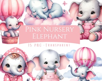 Paquete de 15 imágenes prediseñadas de elefante rosa para guardería, de alta calidad, en acuarela, para baby shower, para imprimir con elefante rosa, para descargar digitalmente
