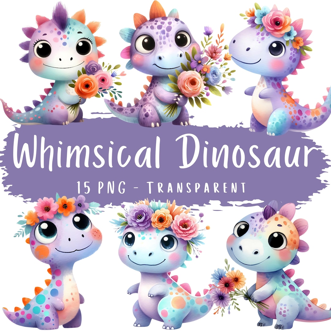 Whimsical Dinosaur Clipart Bundle 15 PNG High Quality Watercolor Cute ...