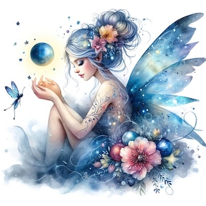 Lot de 15 cliparts fée céleste JPG Fée de la lune aquarelle Images numériques Pages de journal indésirable Fée cosmique fabrication de cartes Fée magique JPG