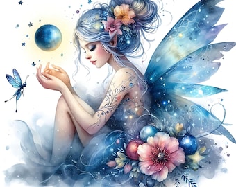Pacote de 15 clipart de fadas celestiais em JPG Aquarela Imagens digitais de fadas da lua Páginas de diário de lixo Cartão de fadas cósmicas Fazendo JPGs de fadas mágicas