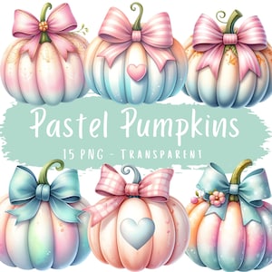 Pastel Pumpkins Clipart Bundle 15 PNG High Quality Watercolor Cute Coquette Fall Pumpkin Digital Download Thanksgiving Printable Sticker