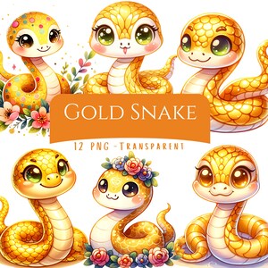 Paquete de 12 imágenes prediseñadas de serpiente dorada, acuarela de alta calidad, serpiente dorada brillante, descarga digital, arte de reptil, pegatinas imprimibles para amantes de las serpientes.