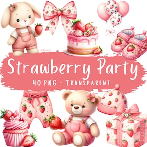 Bundle de cliparts fête aux fraises 40 PNG haute qualité aquarelle jolie fille baies baby shower décorations en téléchargement numérique impressions de décoration de chambre d'enfant