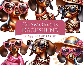 Glamorous Dachshund Clipart Bundle 14 PNG Cute Wiener Dog Clip Art Girly Dachshund with Sunglasses Adorable Dog Breed Digital Art