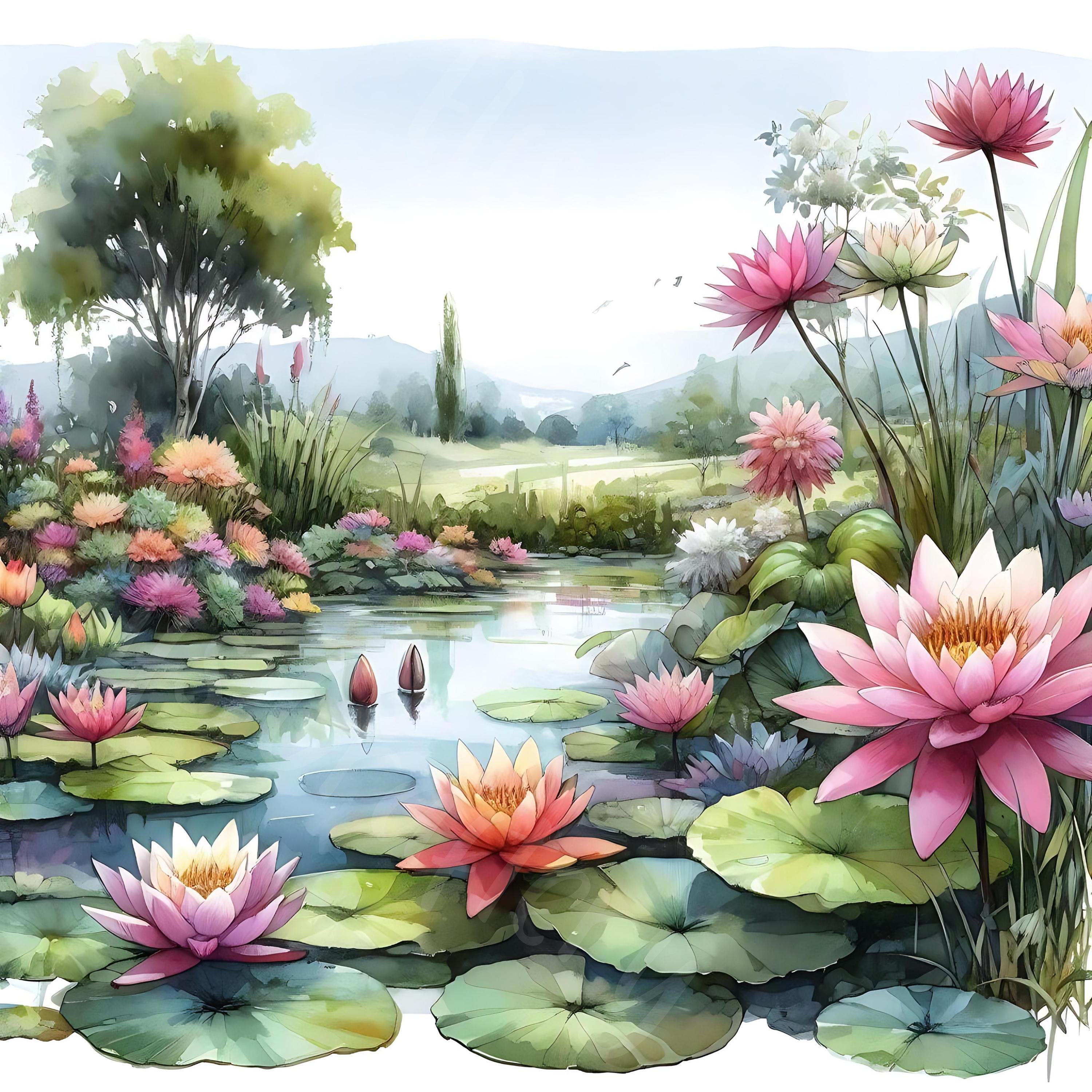 15 JPG 睡蓮の池 デジタルアートバンドル 水彩画 風景 デジタル