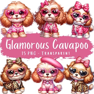Glamorous Cavapoo Clipart Bundle 15 PNG High Quality Digital Download Cute Puppy Files Printable Cavapoo Images Pink Dog Lover Illustrations