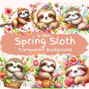 Frühling Faultier Clipart-Bundle 12 PNG Hochwertige Aquarell Blumen Faultier Digitale Bilder Printable Faultier Grafiken Junk Journal Seiten Herunterladen