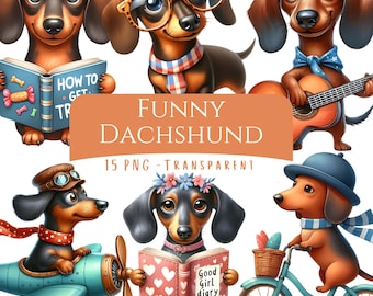 Paquete de 15 imágenes prediseñadas de perro salchicha, acuarela, adorables y peculiares, para amantes de los perros salchicha, descarga digital, pegatinas de sublimación imprimibles.