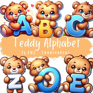 Teddy Alphabet Clipart Bundle 26 PNG niedlicher Teddybär mit Buchstaben Kinderzimmer druckbare Designs Sublimationsgrafiken kommerzielle Nutzung Bilder