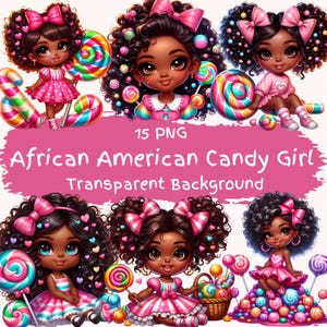 African American Candy Girl Clipart Bundle 15 PNG Alta Qualità Cartone Animato Carino Capelli Ricci Stravaganti Dolce Ragazza Download Digitale Arte Stampabile