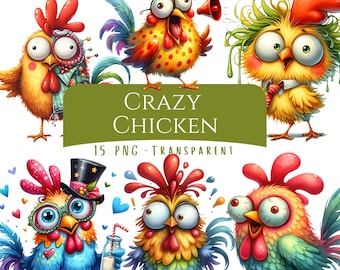 Peut inclure: Illustration de six poulets de dessin animé aux couleurs vives et aux expressions exagérées. Le texte "CRAZY CHICKEN" et "15 PNG - TRANSPARENT" est inclus. Les poulets ont de grands yeux et des crêtes rouges.