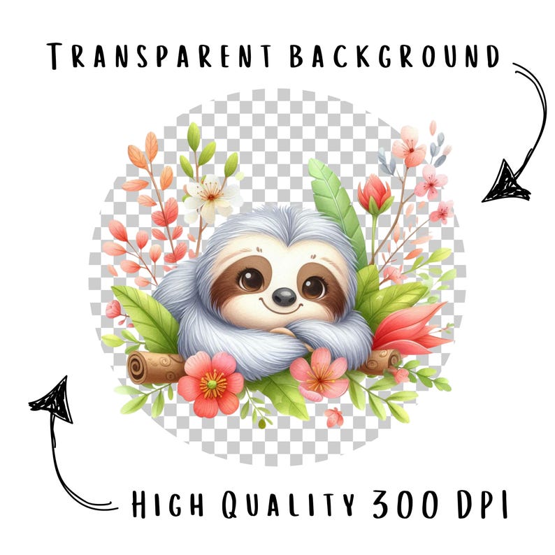 Sloth Spring Background Spring Sloth Clipart Bundle 12 PNG High Quality Watercolor Floral Sloth ...