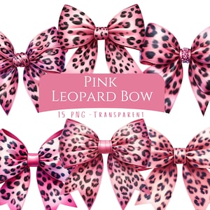 May include: A collection of pink leopard print bows. The bows have a pink background with black spots. The text "PINK LEOPARD BOW" is displayed on a pink banner. The text "15 PNG - TRANSPARENT" is also displayed.