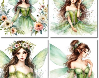 15 JPG ライトグリーンの妖精のクリップアートバンドル 水彩画 魔法の