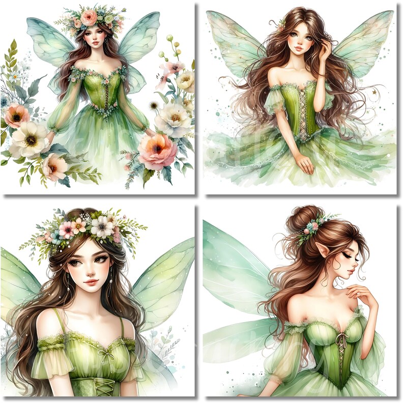 15 JPG Light Green Fairy Clipart Bundle Watercolor Magical Fantasy ...