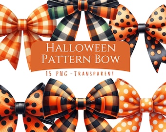 Halloween Pattern Bow Clipart Bundle 15 PNG Black and Orange Print Ribbon Digital Download Halloween Coquette Printable Art Sublimation