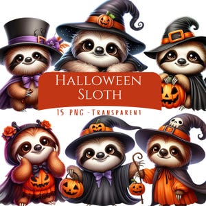 Puede incluir: Una colección de adorables perezosos de dibujos animados disfrazados para Halloween. Cada perezoso lleva un sombrero de bruja o de copa, y algunos sostienen calabazas. La imagen incluye el texto "HALLOWEEN SLOTH" y "15 PNG - TRANSPARENT".