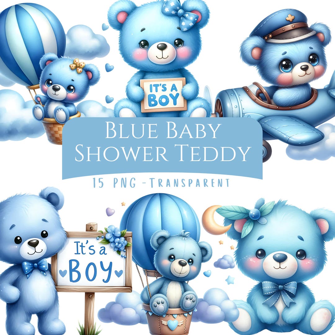 Blue Baby Shower Teddy Clipart Bundle 15 PNG High Quality Watercolor ...