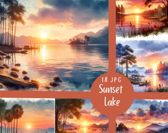 Paquete de 18 JPG de arte digital con puesta de sol en el lago, pintura de acuarela, paisaje de puesta de sol, descarga digital, agua, amanecer, páginas imprimibles de diario basura en JPG