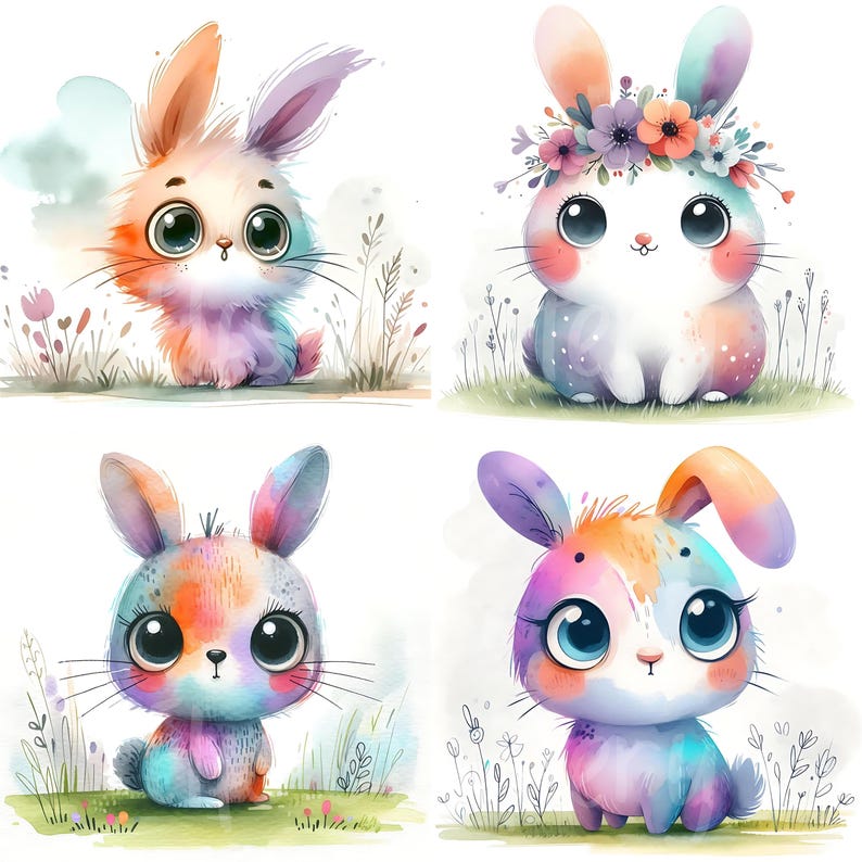 15 JPG Little Whimsy Rabbit Clipart Bundle Watercolor Cute Quirky Bunny ...