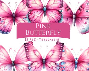 Pink Butterfly Clipart Bundle 18 PNG High Quality Watercolor Cute Pastel Butterfly Digital Download Printable Files Scrapbooking Graphics