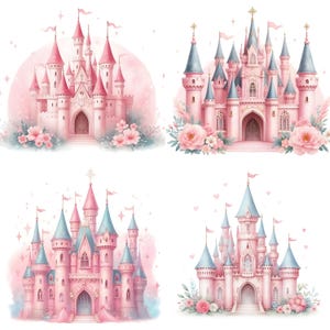 Pode incluir: Quatro ilustra&ccedil;&otilde;es de castelos de conto de fadas cor-de-rosa com detalhes brancos e torres. Cada castelo &eacute; rodeado por flores e um fundo rosa suave.