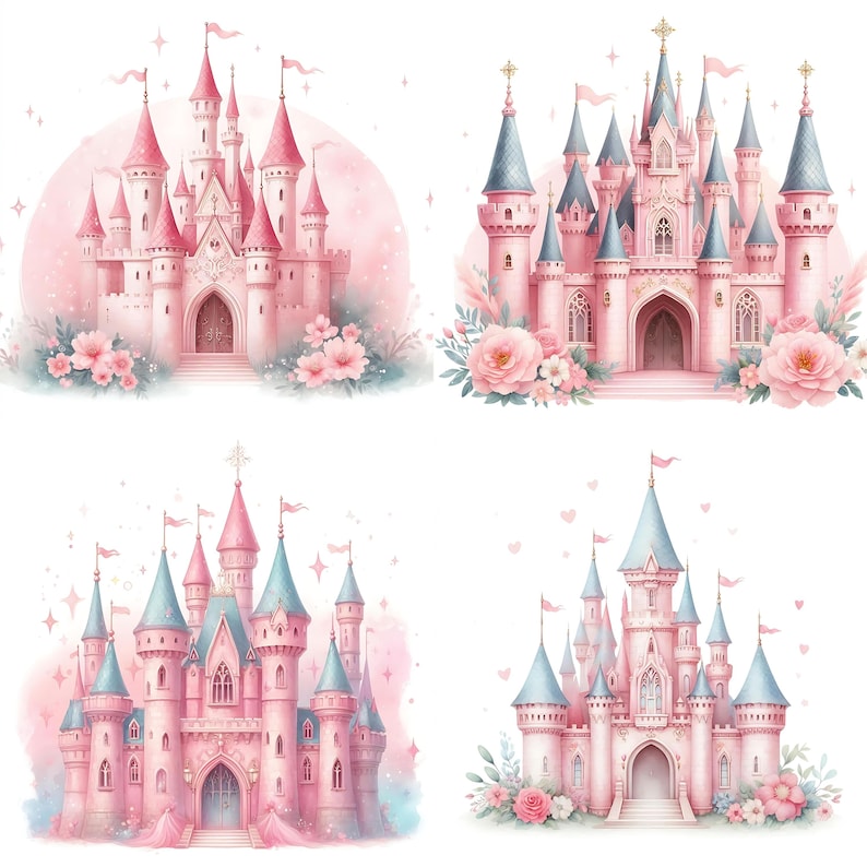 Pode incluir: Quatro ilustra&ccedil;&otilde;es de castelos de conto de fadas cor-de-rosa com detalhes brancos e torres. Cada castelo &eacute; rodeado por flores e um fundo rosa suave.