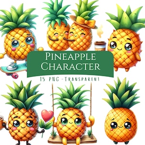 May include: A selection of cartoon pineapple characters with smiling faces and green leafy tops. Some pineapples are on a skateboard, holding a coffee cup, or on a swing. The image includes the text "PINEAPPLE CHARACTER" and "15 PNG - TRANSPARENT".