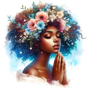 Pacote com 15 clipart de garota africana rezando em JPG, linda garota negra encantada, download digital, diário de fé, imprimíveis, garota afro em JPG
