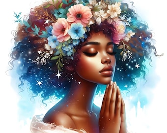 15 JPG Praying African Girl Clipart Bundle Beautiful Black Enchanted Girl Digital Download Faith Junk Journal Printables Afro Girl JPG's