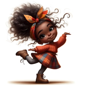 May include: A cartoon illustration of a young girl with dark skin and curly hair. She wears an orange sweater, a plaid skirt, gray leggings, and brown boots. A colorful headband adorns her hair. The girl is in a playful pose, with one leg raised.