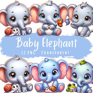 Baby Elephant Clipart Bundle 12 PNG High Quality Cartoon Elephant Digital Download Printable Sticker Project Safari Elephant Printables